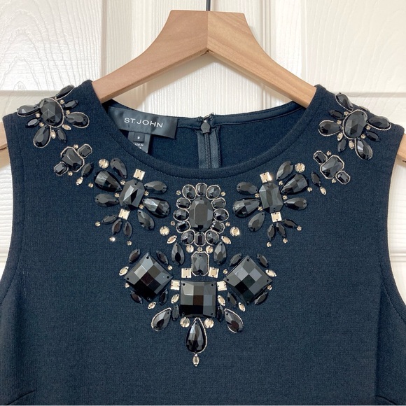 ST. JOHN Black Jeweled Neck Sleeveless Dress 8 Engagement Party Evening Cocktail - Picture 3 of 13